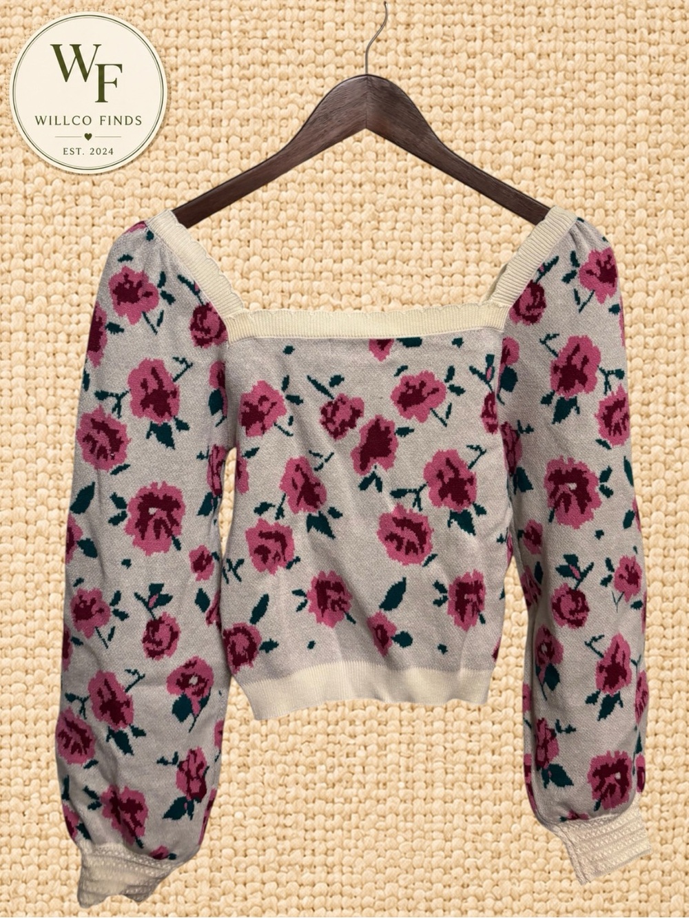 Willow & Wind Floral Square Neck Puff Sleeve Sweater Small